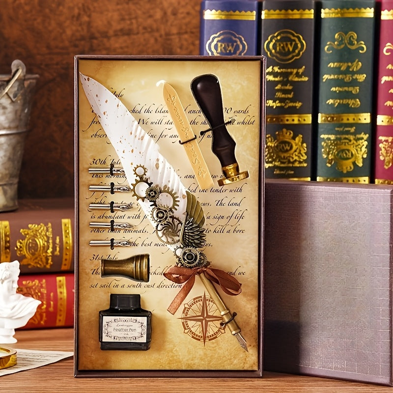 1 set feathers vintage mechanical gear pen wax print brass