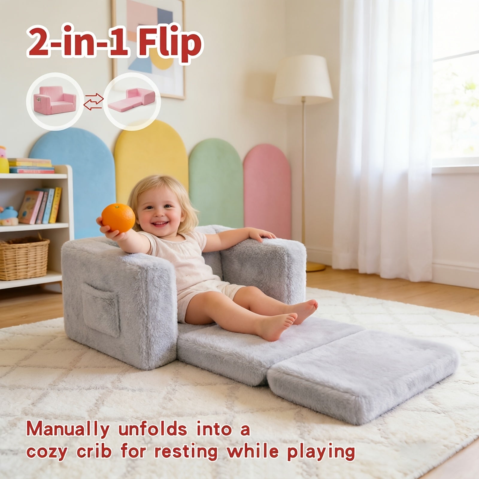 kids sofa 2 in 1 convertible recliner chair soft plush gray