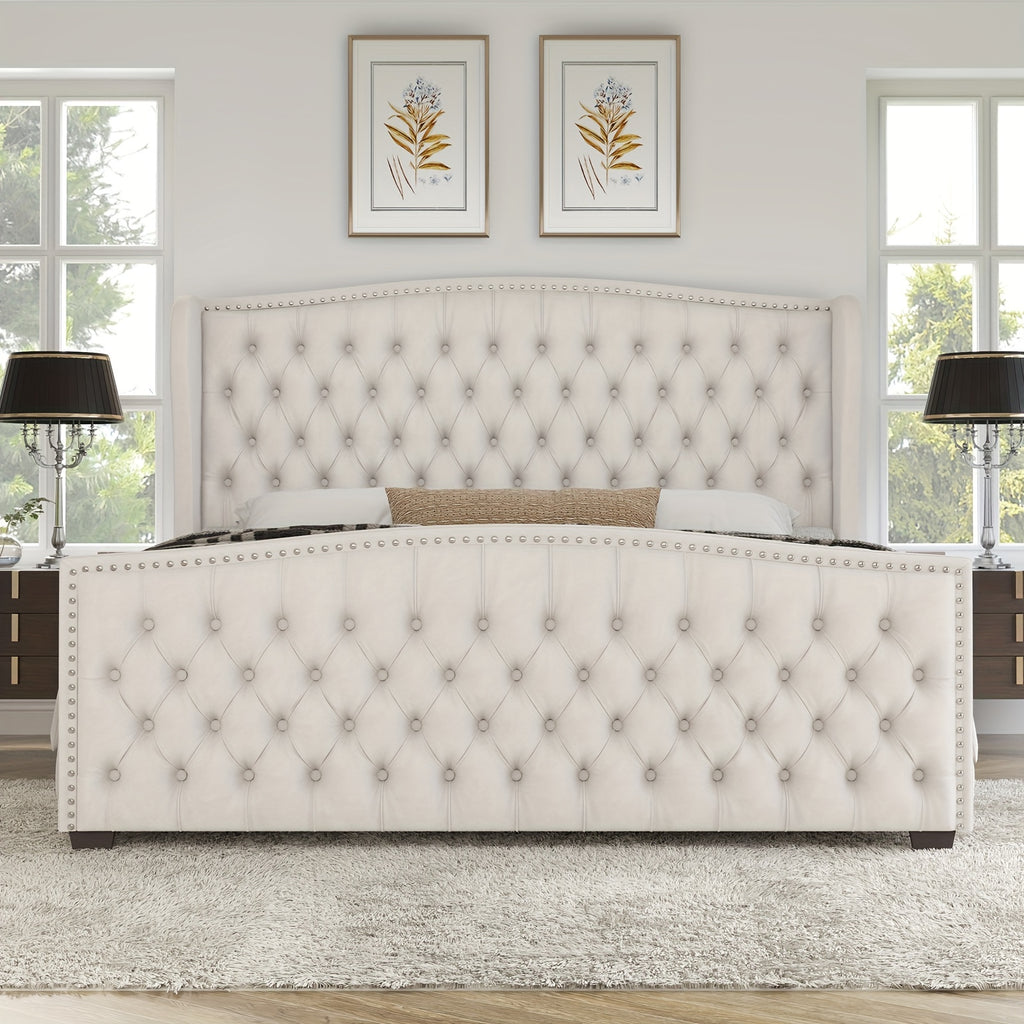 handcrafted velvet bed frame featuring a wingback headboard
