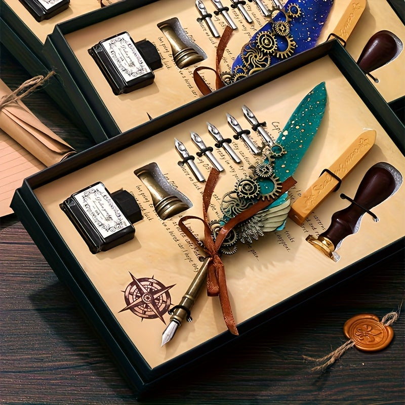 1 set feathers vintage mechanical gear pen wax print brass