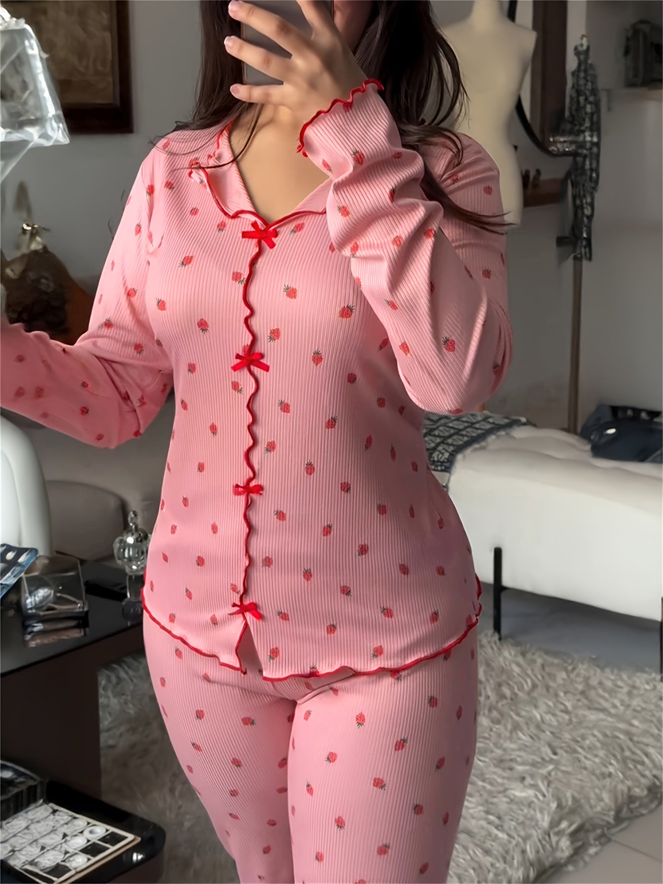 2pcs strawberry print bow decorated lapel v neck   top
