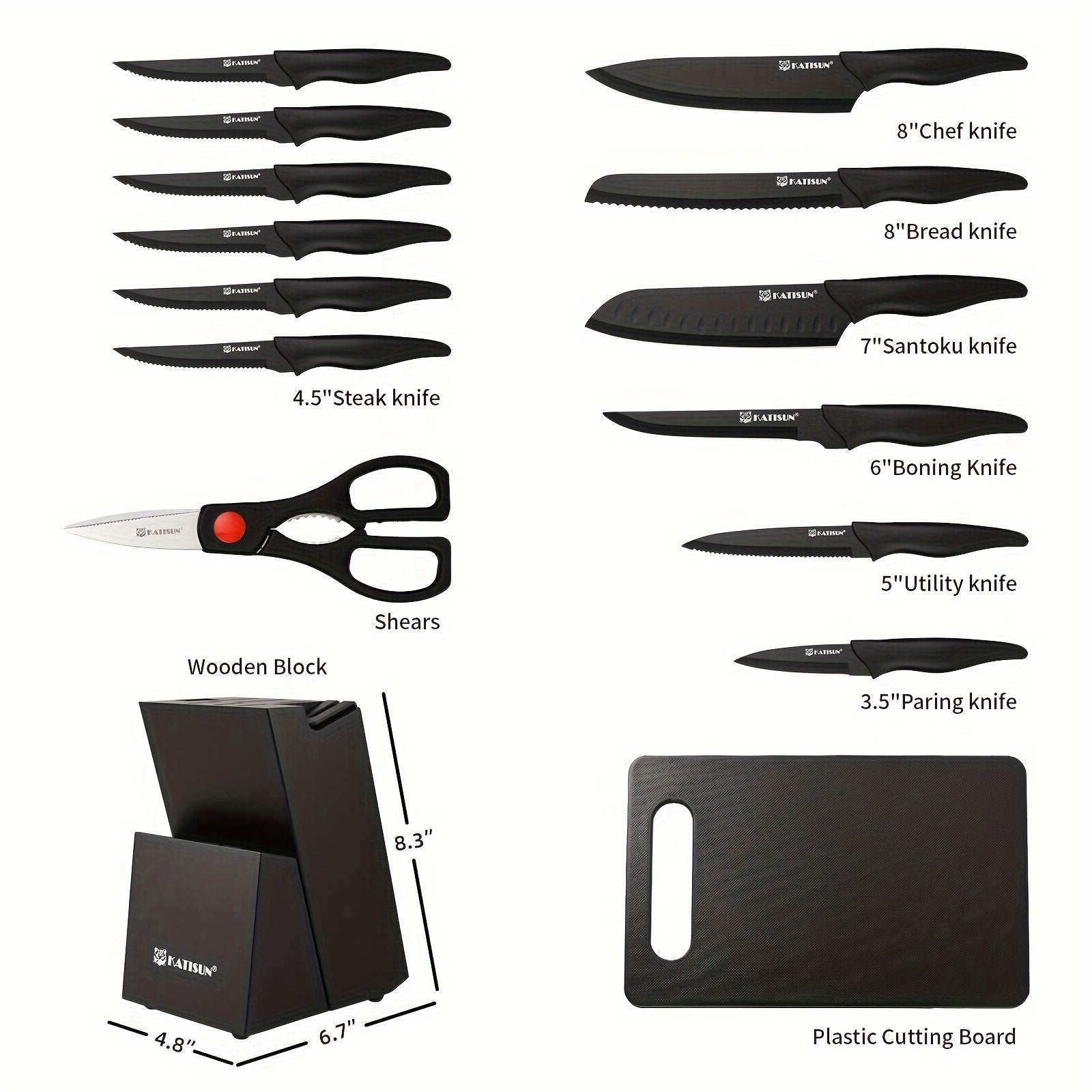 15pcs professional black coded kitchen knife set black