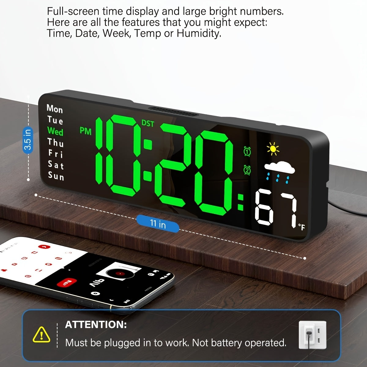 11 large digital wall clock remote rgb backlight alarm
