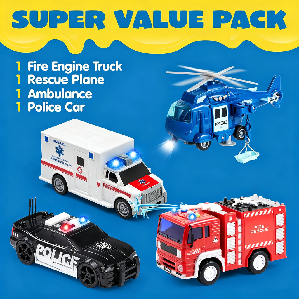4 pack emergency vehicle truck toys kids age 3 friction
