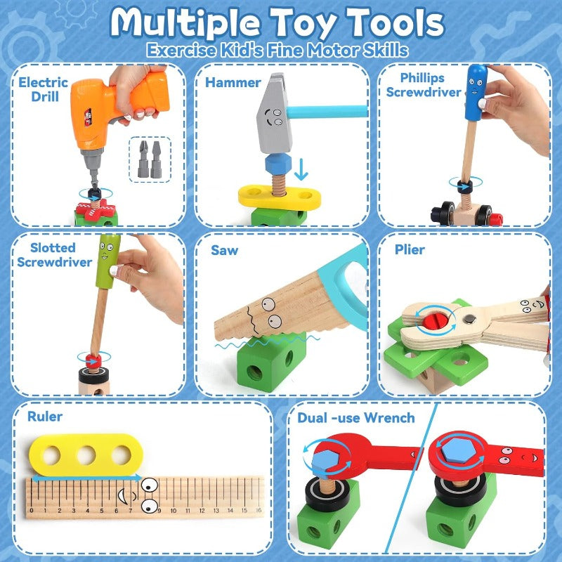 44pcs wooden kids tool set electric drill apron storage box
